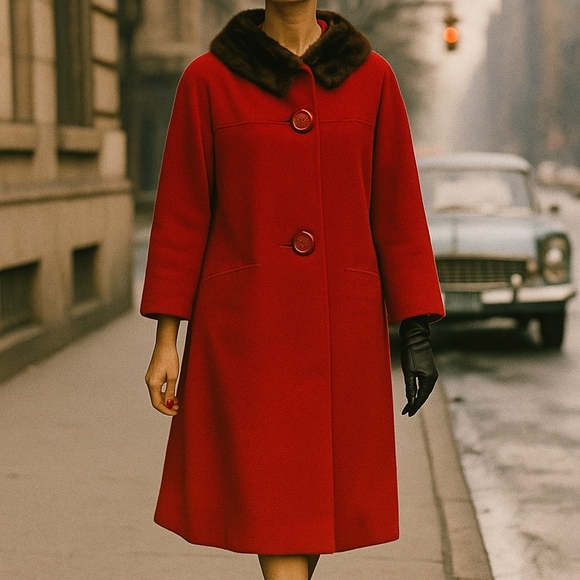 Vintage Annshire Red Wool Coat Real Mink Fur Collar Size 7 50s 60s Glam - Picture 1 of 12